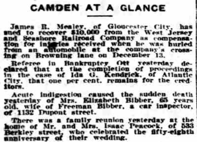 Newspaper clipping headed Camden at a Glance, four short items from the Philadelphia Inquirer, March 5, 1916