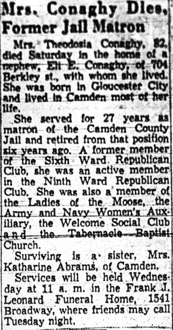 Mrs. Conaghy Dies, Former Jail Matron, Camden Courier-Post, December 9, 1957
