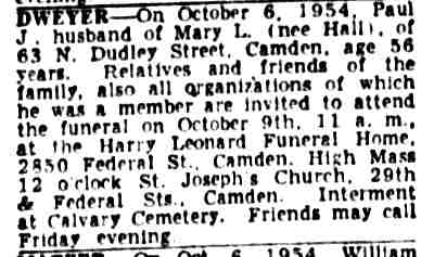 Death notice for Paul J. Dwyer of 63 N. Dudley Street, Camden Courier-Post, October 1954
