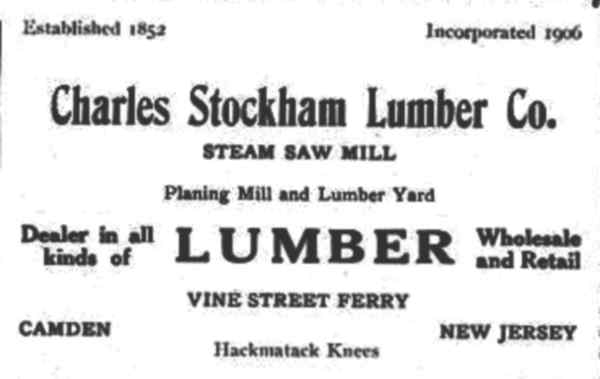 Advertisement for the Charles Stockham Lumber Co., Vine Street Ferry, Camden, in a 1915 Patriotic Sons of America program