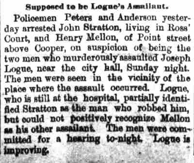 Camden Daily Courier clipping, May 8, 1888: Supposed to be Logue's Assailant