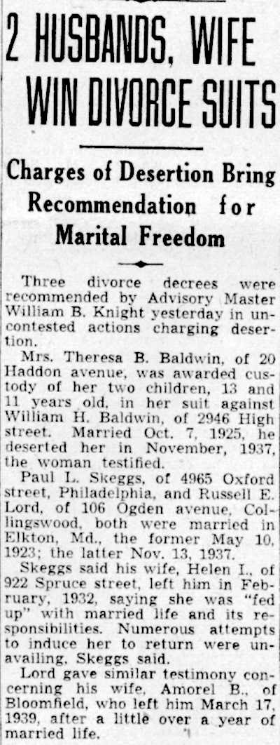 Camden Courier-Post story, 2 Husbands, Wife Win Divorce Suits, naming William H. Baldwin of 2946 High Street.