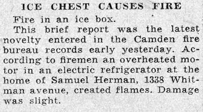 Courier-Post clipping, "Ice Chest Causes Fire," August 14, 1938.